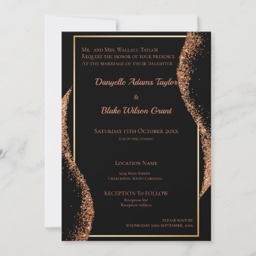 Elegant Rose Gold Glitter Black Wedding Invitation