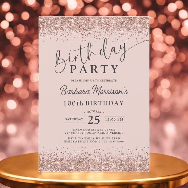 Elegant Rose Gold Glitter Blush 100th Birthday Invitation (Creator Uploaded)