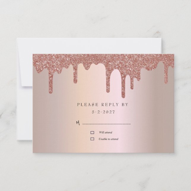 Elegant Rose Gold Glitter, Blush and Black Text RSVP Card (Front)