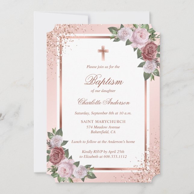 Elegant Rose Gold Glitter Blush Pink Girl Baptism Invitation (Front)