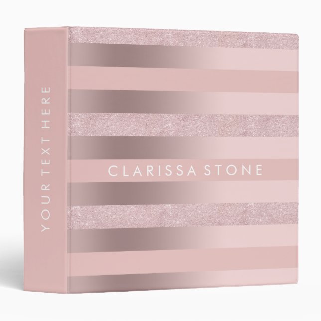 Elegant rose gold glitter & blush pink stripe 3 ring binder (Front/Spine)