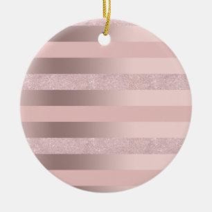 Elegant rose gold glitter & blush pink stripe ceramic ornament