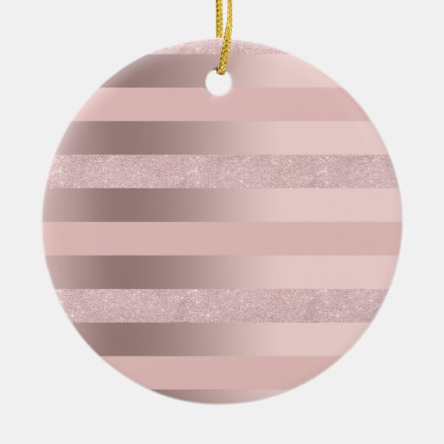 Elegant rose gold glitter & blush pink stripe ceramic ornament (Front)