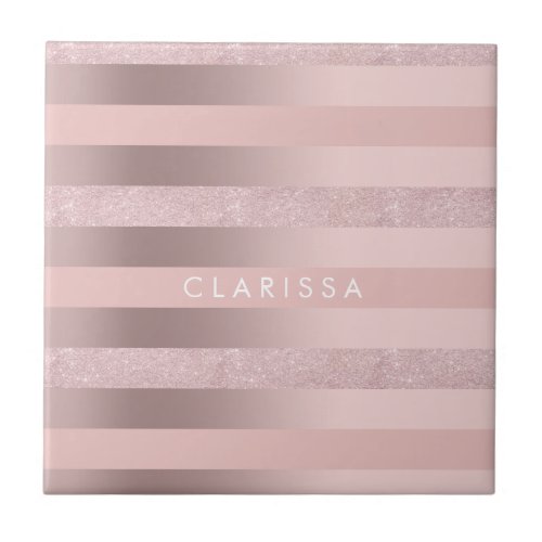 Elegant rose gold glitter  blush pink stripe ceramic tile