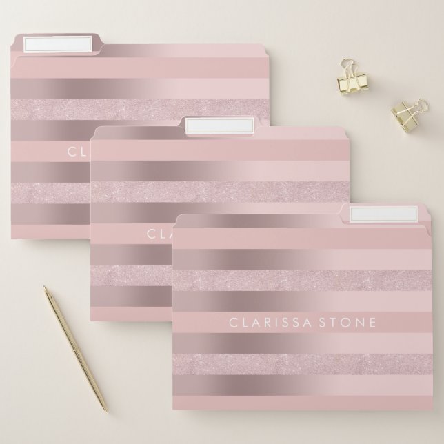 Elegant rose gold glitter & blush pink stripe file folder (Set)