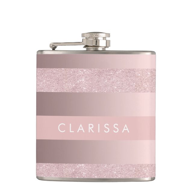 Elegant rose gold glitter & blush pink stripe flask (Front)
