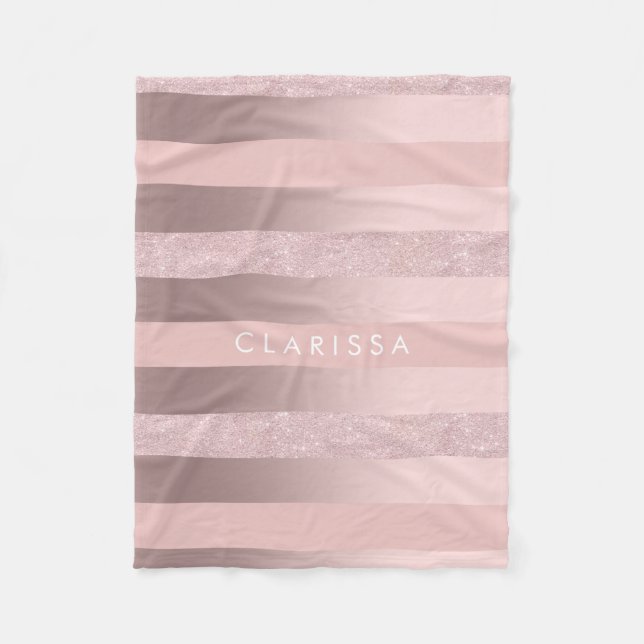 Elegant rose gold glitter & blush pink stripe fleece blanket (Front)