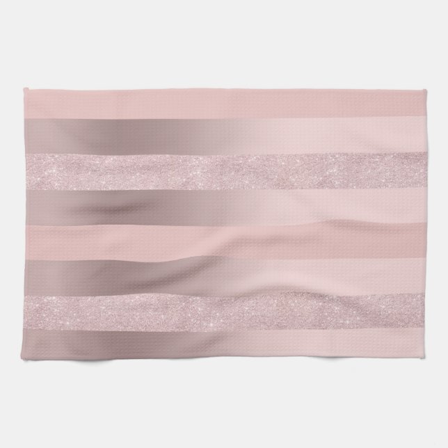 Elegant rose gold glitter & blush pink stripe kitchen towel (Horizontal)