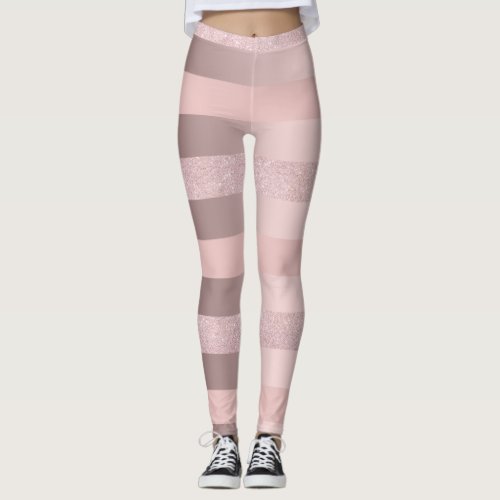 Elegant rose gold glitter  blush pink stripe leggings