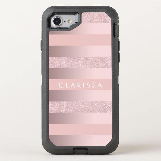 Elegant rose gold glitter & blush pink stripe otterbox iPhone case (Back)