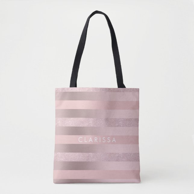 Elegant rose gold glitter & blush pink stripe tote bag (Front)