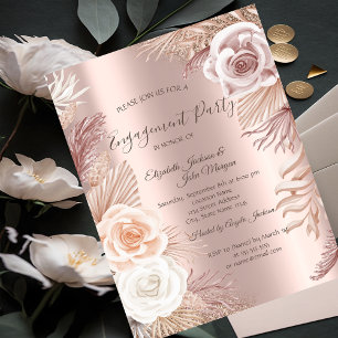 Elegant Rose Gold Glitter Boho Flowers Engagement Invitation