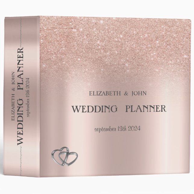 Elegant  Rose Gold Glitter Bokeh Hearts Wedding 3 Ring Binder (Front/Spine)