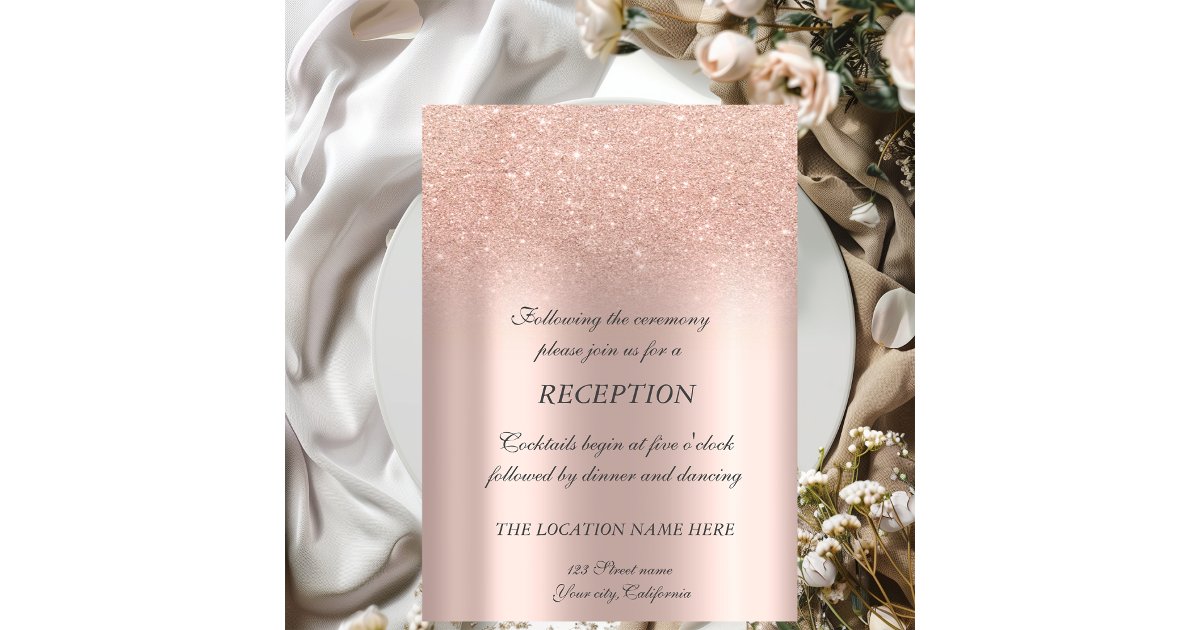 Elegant Rose Gold Glitter Bokeh Wedding Reception Invitation | Zazzle