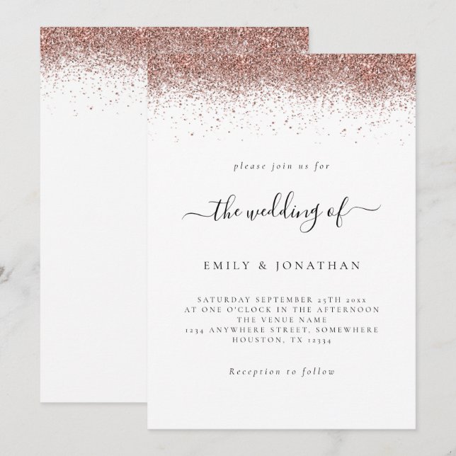 Elegant Rose Gold Glitter Border Wedding White Invitation (Front/Back)