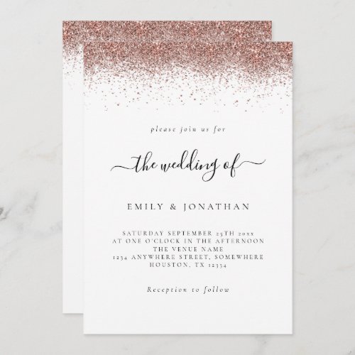 Elegant Rose Gold Glitter Border Wedding White Invitation