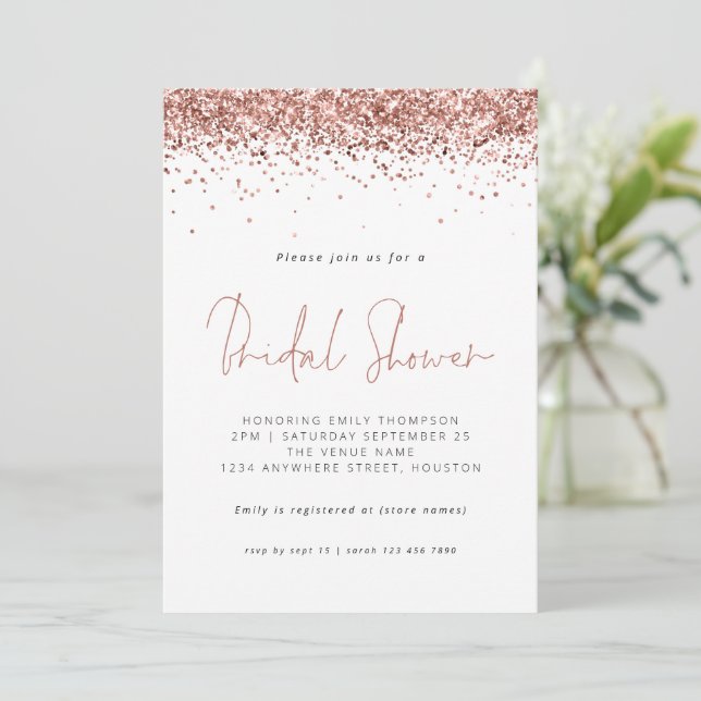 Elegant Rose Gold Glitter Bridal Shower White Invitation (Standing Front)