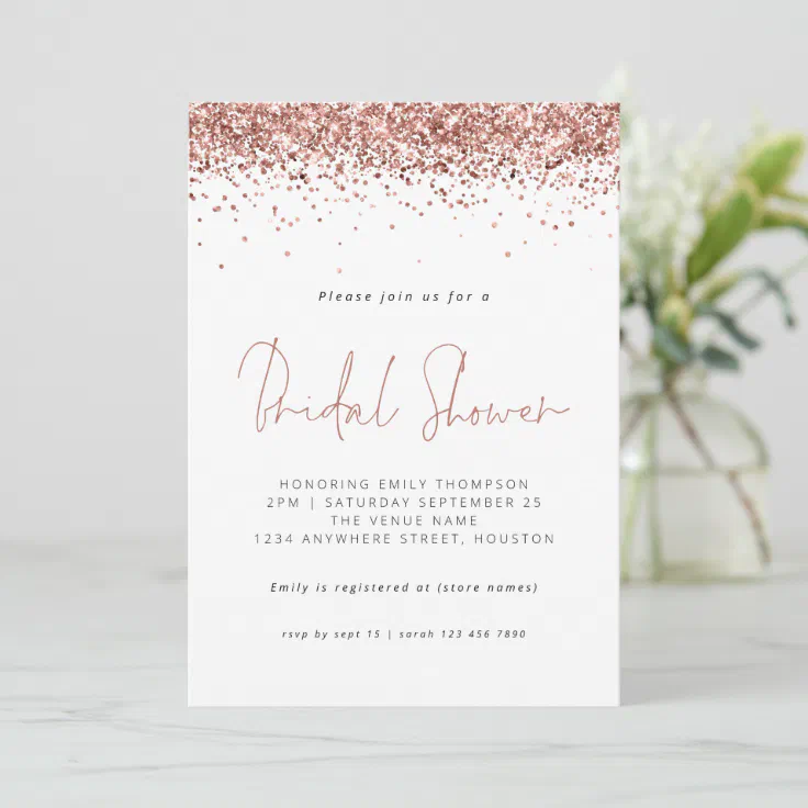 Elegant Rose Gold Glitter Bridal Shower White Invitation Zazzle