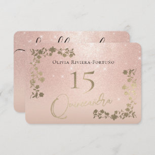 Elegant Rose Gold Glitter Chic Floral Quinceanera RSVP Card