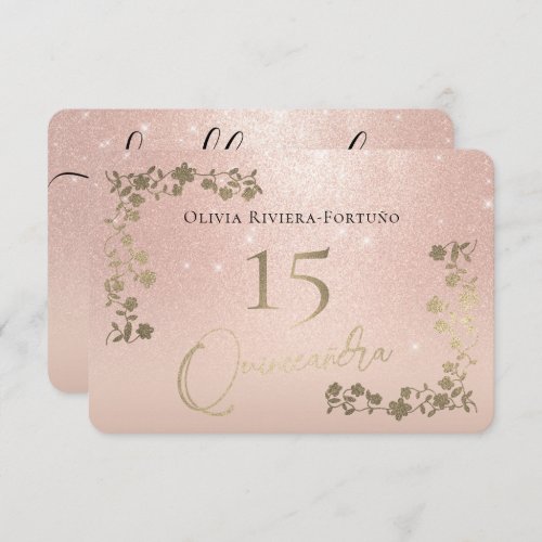 Elegant Rose Gold Glitter Chic Floral Quinceanera  RSVP Card