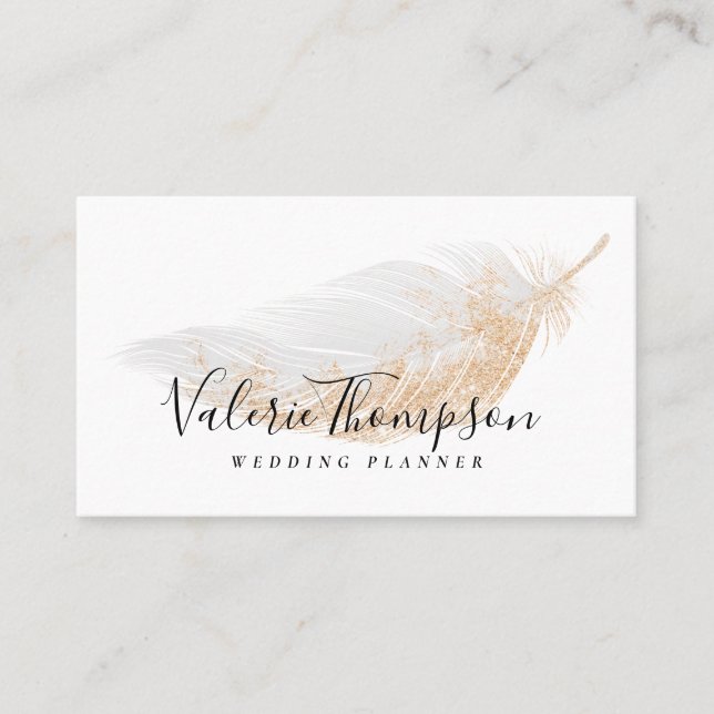 Elegant rose gold glitter chic gray feather modern business card (Front)