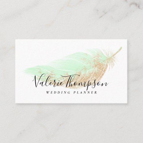 Elegant rose gold glitter chic mint feather modern business card