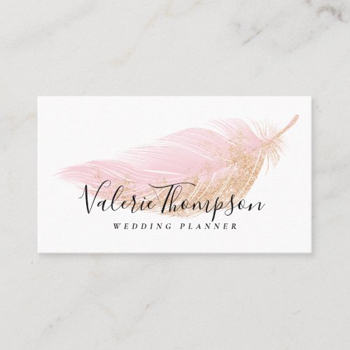 Elegant rose gold glitter chic pink feather modern business card