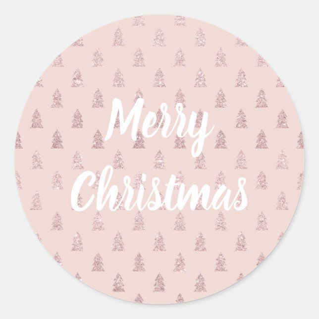 Elegant Rose Gold Glitter Christmas Tree Pattern Classic Round Sticker (Front)