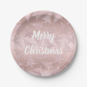Elegant Rose Gold Glitter Christmas Tree Pattern Paper Plates