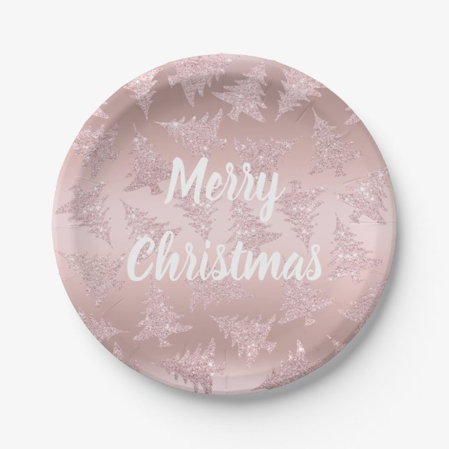 Elegant Rose Gold Glitter Christmas Tree Pattern Paper Plates (Front)