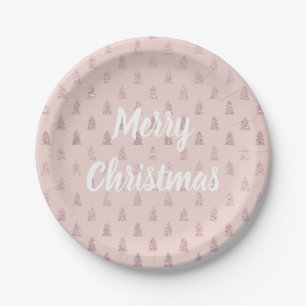 Elegant Rose Gold Glitter Christmas Tree Pattern Paper Plates