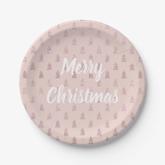Elegant Rose Gold Glitter Christmas Tree Pattern Paper Plates (Front)