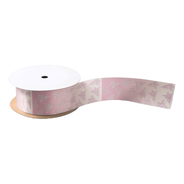 Elegant Rose Gold Glitter Christmas Tree Pattern Satin Ribbon (Spool)