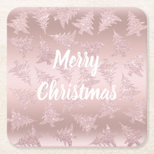 Elegant Rose Gold Glitter Christmas Tree Pattern Square Paper Coaster