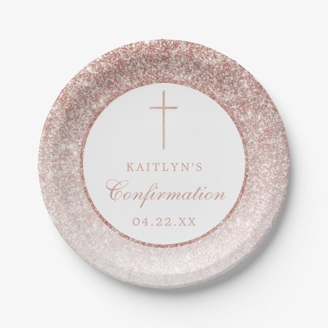 Elegant Rose Gold Glitter Confirmation Or Baptism Paper Plates (Front)