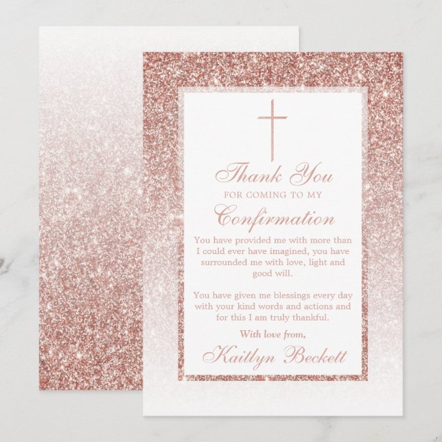 Elegant Rose Gold Glitter Confirmation Or Baptism Thank You Card (Front/Back)