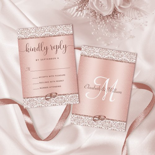 Elegant Rose Gold Glitter Damask Wedding RSVP