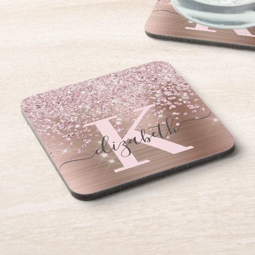 Elegant Rose Gold Glitter Diamond Script Monogram Beverage Coaster