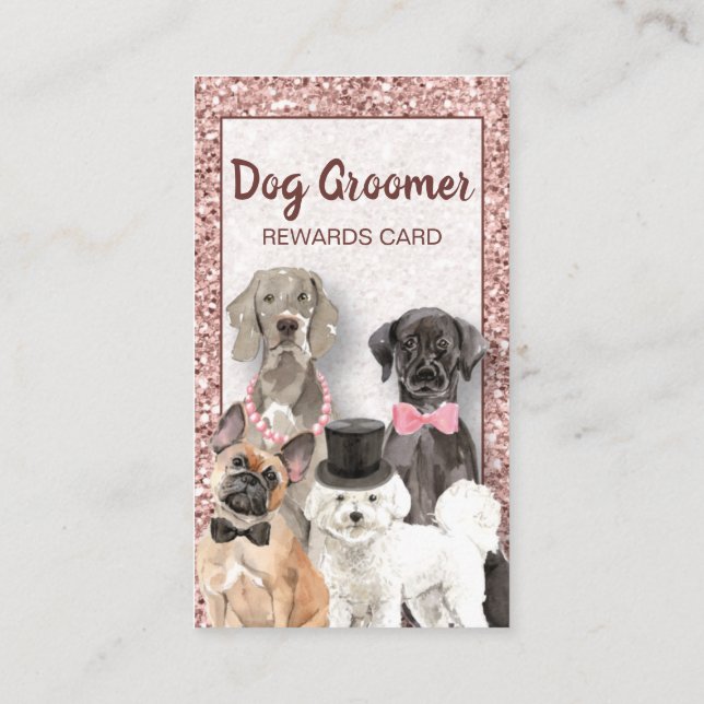 Elegant Rose Gold Glitter Dog Grooming Loyalty Business Card (Back)