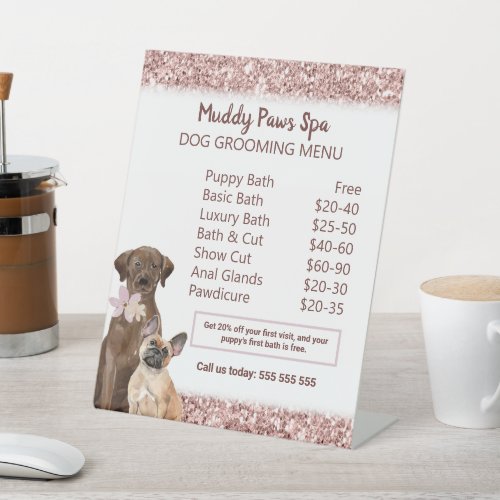 Elegant Rose Gold Glitter Dog Grooming Menu Pedestal Sign