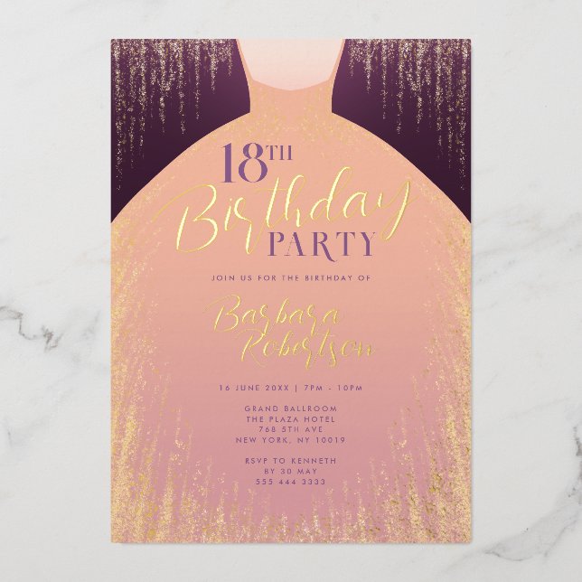 Elegant Rose Gold Glitter Dress 18th Birthday Foil Invitation (Front)