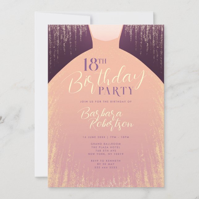 Elegant Rose Gold Glitter Dress 18th Birthday Invitation (Front)