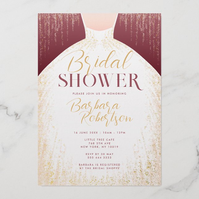 Elegant Rose Gold Glitter Dress Bridal Shower Foil Invitation (Front)