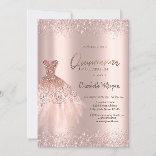 Elegant Rose Gold Glitter Dress Dusty Quinceaera Invitation