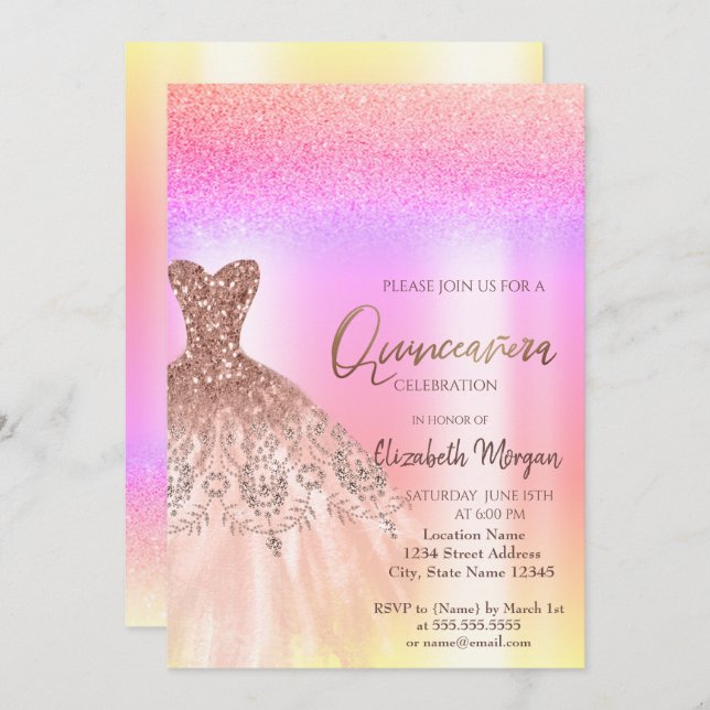 Elegant Rose Gold Glitter Dress Ombre Quinceañera Invitation (Front/Back)