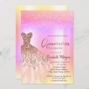 Elegant Rose Gold Glitter Dress Ombre Quinceañera Invitation