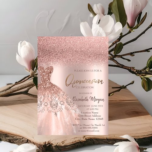 Elegant Rose Gold Glitter Dress Quinceaera Invita Invitation