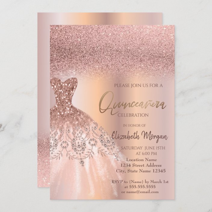 Elegant Rose Gold Glitter Dress Quinceañera Invitation | Zazzle.com