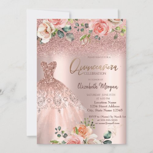 Elegant Rose Gold Glitter Dress Roses Quinceaera Invitation