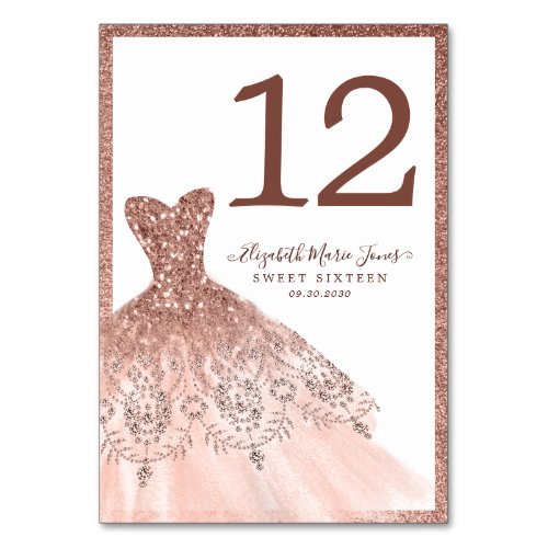 Elegant Rose Gold Glitter Dress Sweet 16 Birthday Table Number